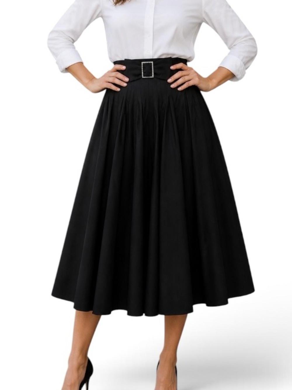 Rickie Freeman for Teri Jon Black Crystal‑Belt Pleated Taffeta A‑Line Midi Skirt